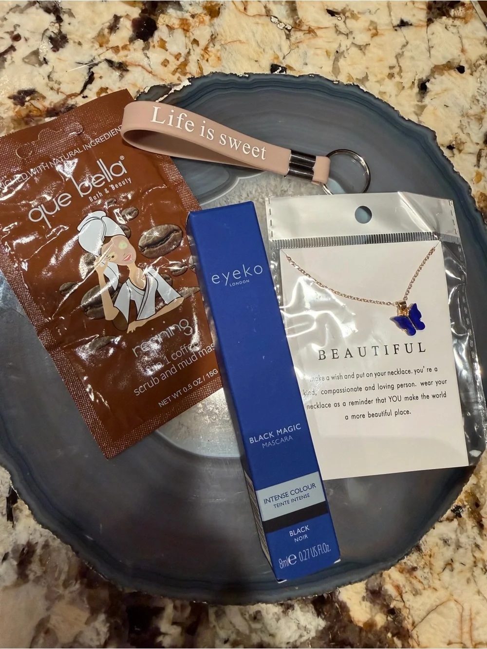 Eyeko Mascara Life Wristlet KeyTag Coffee Mask & Butterfly Necklace Bundle